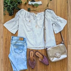 🌵Off Shoulder Stripe Tassel Blouse Choker Trim-SM